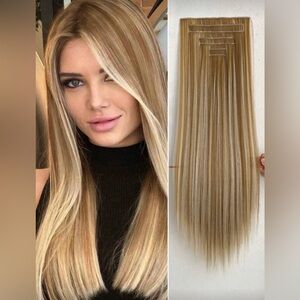 24” Human Hair Blend Honey Blonde Clip-In Extensions – Platinum Highlights